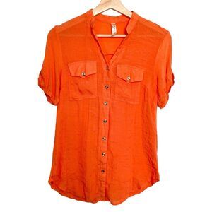 Per Seption Concept Orange Roll Tab Sleeves V Neck Button Front Blouse Top Small
